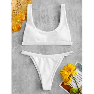 ZAFUL Ribbed High Leg Padded Bikini Set - White